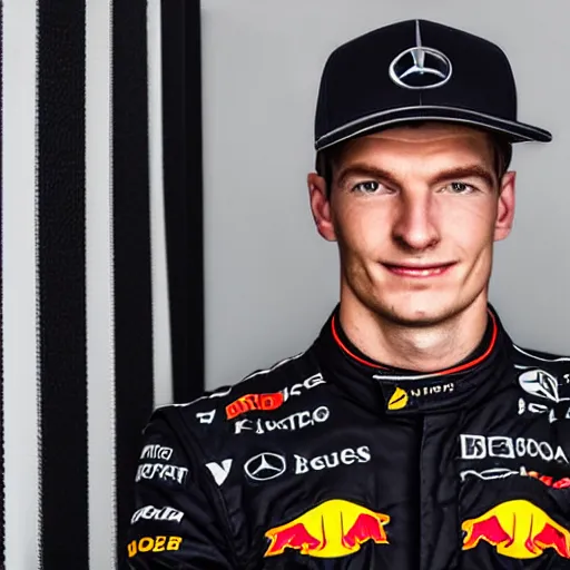 Prompt: a portrait of a mercedes f 1 driver in a black overall with the face of max verstappen, peofessional portrait photography, ambient light