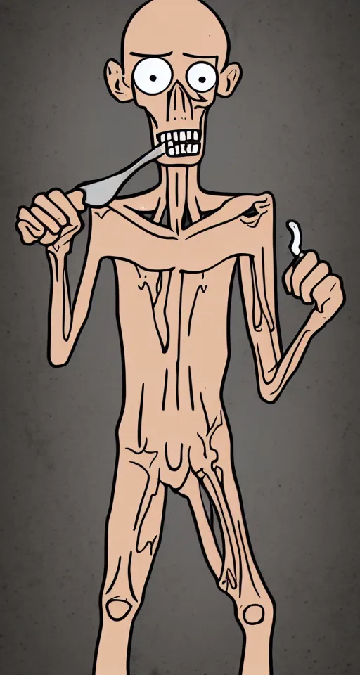 Prompt: skinny man holding a spoon under a glass pipe with bloodshot eyes, tattered clothing, receding hairline, bones showing, and a huge nose, cartoon, adult swim, concept