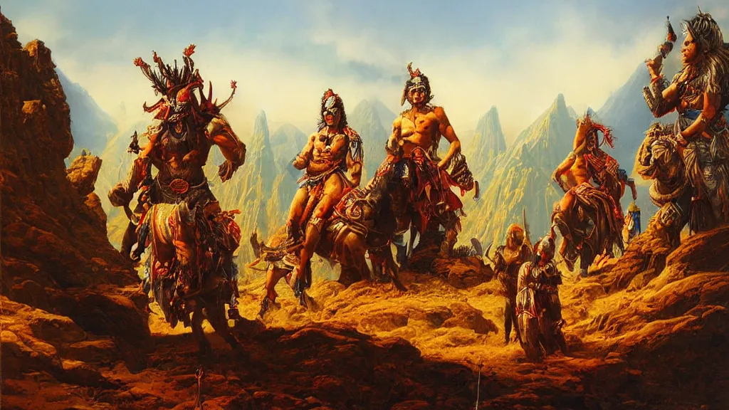 Prompt: landscape scattered with gods and idols hindu Wayne Thibaud Peter Elson detailed oil painting