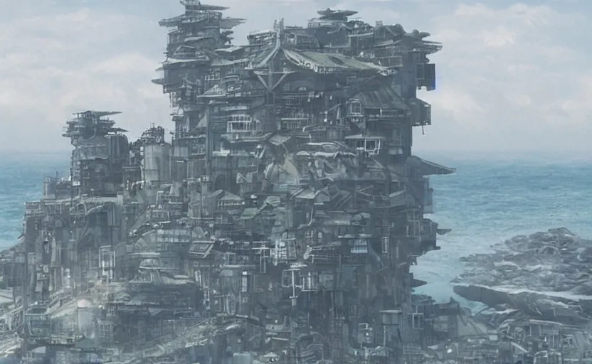 Image similar to a large building on the coast of japan. in the style of gits mamoru oshii.