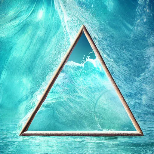 Prompt: water artwork manipulation inside the shape of a downward - facing triangle, on the ocean water, ray tracing, realistic water, focus, long shot, 8 k resolution, cinematic, water art photoshop