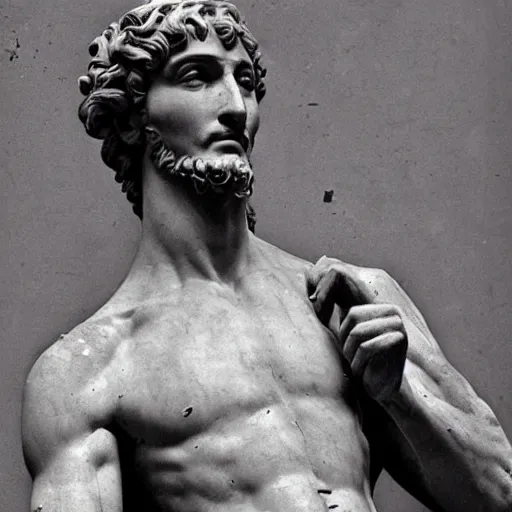 Image similar to “1800s era photograph of Michelangelo sculpting David, hyperrealistic, hd, faded, cracked, stained”