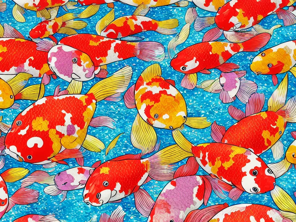 Image similar to colorful koi carp collage illustration pattern, tiny, small, miniature, short, cute and adorable, digital painting, highly detailed, intricate, elegant, artstation, concept art, colorful, beautiful, studio ghibli, aoshima chiho, takashi murakami, manga, cute and adorable