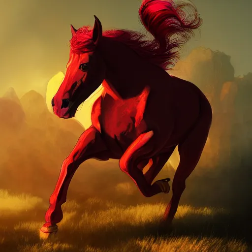 Image similar to a beautiful crimson horse, running, dramatic lighting, golden hour, in the style of dnd concept art