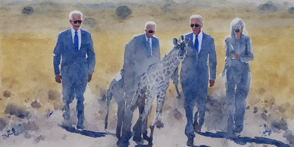 Image similar to Joe Biden in a giraffe suit , walking in the desert watercolor painting