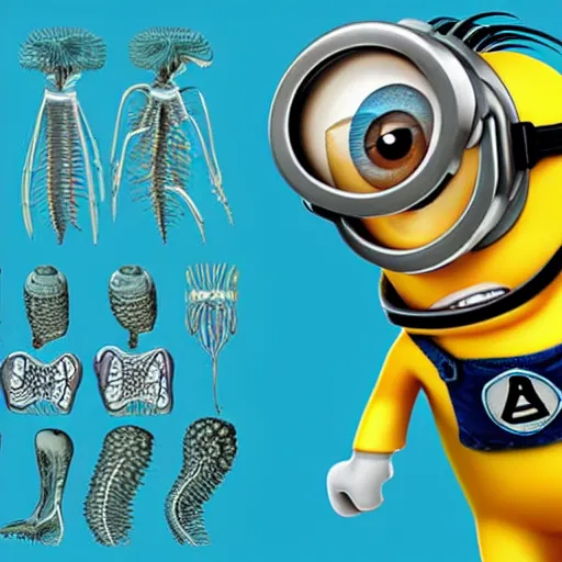 Image similar to A detailed biological anatomy of a minion, photorealistic, textbook, scientific