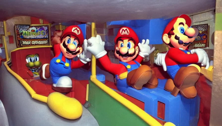 Image similar to 1990s photo of inside the Super Mario ride at Universal Studios in Orlando, Florida, riding Super Mario through Bowser's Castle , cinematic, UHD