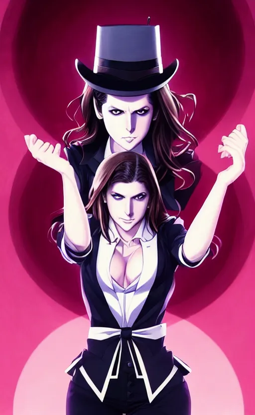 Image similar to ultra realistic, beautiful Anna Kendrick Zatanna DC Comics waist up floating, on stage, symmetrical face symmetrical eyes, smiling, modern anime, fantasy, eerie, intricate details, atmospheric, elegant, super highly detailed, professional digital painting, artstation, concept art, 8k, art by artgerm and eiichiro oda and koyoharu gotouge