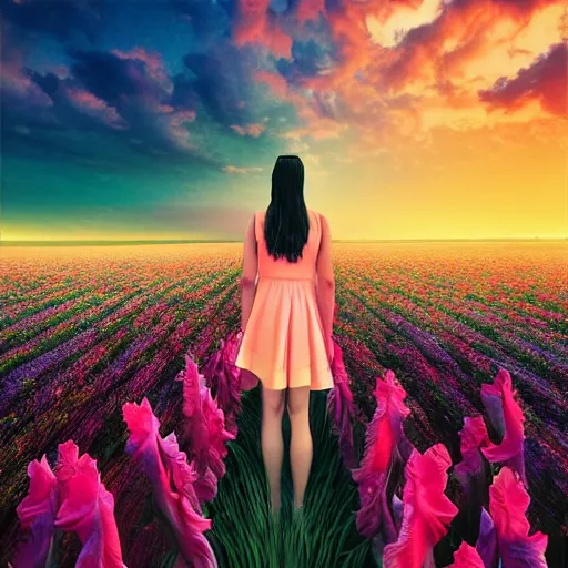 Image similar to giant gladiola flower as head, full body girl standing in a flower field, surreal photography, sunrise, dramatic light, impressionist painting, colorful clouds, digital painting, artstation, simon stalenhag