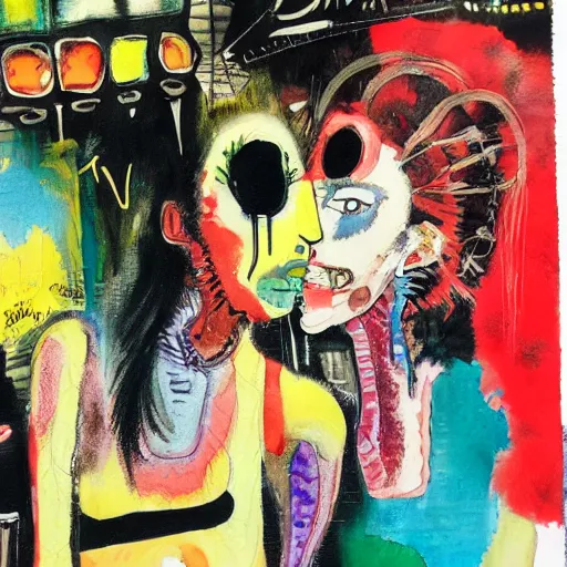 Image similar to watercolor painting of two bizarre psychedelic goth women kissing each other closeup in a sushi bar in japan, speculative evolution, mixed media collage by basquiat and jackson pollock, maximalist magazine collage art, sapphic art, lesbian art, chemically damaged