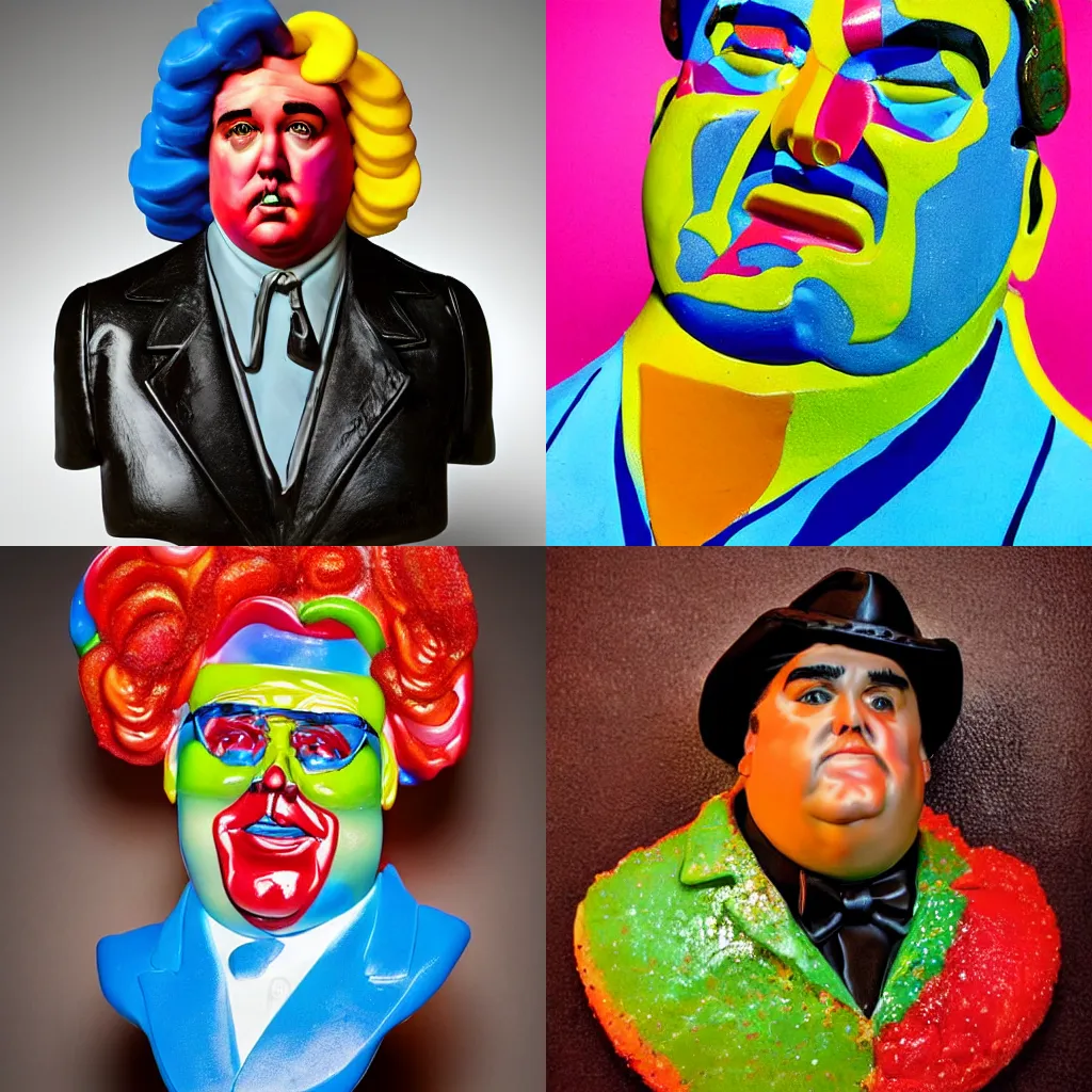 Prompt: bust of john candy made of delicious colorful candy. highly detailed, food photography