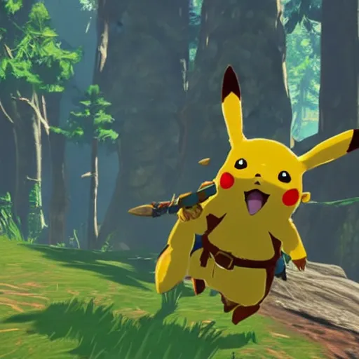 Image similar to a screencap of the legend of zelda breath of the wild, of pikachu in breath of the wild