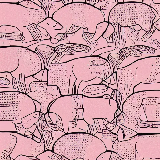 Image similar to abstract pattern, art print, lithography, pink, beige, white, pigs