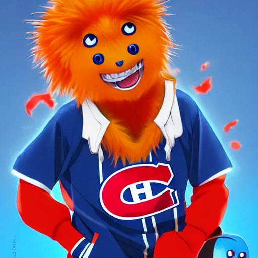 Image similar to anime Portrait of Youppi the Habs Montreal Canadiens Mascot as a very cute powerful and friendly pokemon in a Cheetos Ad, highly detailed anime, high evolution, 1990s, legendary, smooth, sharp focus, dynamic lighting, intricate, trending on ArtStation, cheetos pub, illustration pokemon, art by WLOP