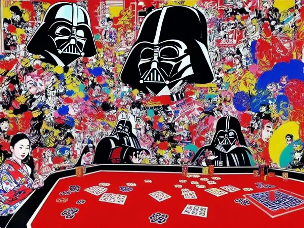 Image similar to hyper - realistic composition of a large room with an extremely detailed poker table in the center, woman in traditional japanese kimono standing nearby, darth vader sitting at the table, fireworks in the background, pop art style, jackie tsai style, andy warhol style, acrylic on canvas, dull palette