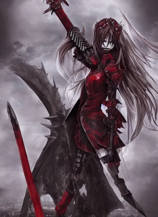 Image similar to female vampire knight, flying, barefoot, black plate armor, historical armor, good protection, monstrous mask, giant two - handed sword dripping blood, red wings, grinning, barefeet, detailed, realistic, dnd.