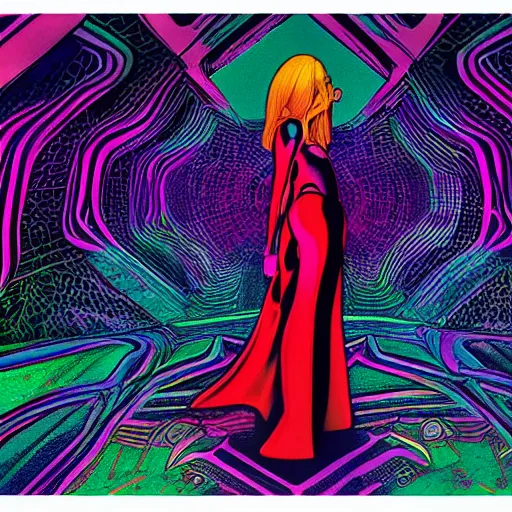 Image similar to long Shot of psychedelic Black widow standing in mysterious chromatic astral temple , stylish, lsd, soft, cinematic, artwork by Wong, Liam