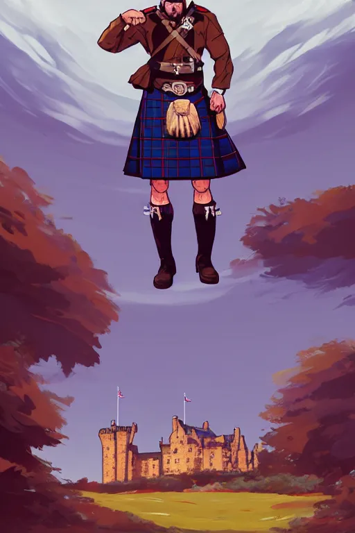 Image similar to a scottish scotland man in a kilt, centered, castle scotland background, median photoshop filter cutout vector behance, hd by artgerm, jesper ejsing, by rhads, makoto shinkai and lois van baarle, ilya kuvshinov, rossdraws, illustration, art by ilya kuvshinov and gustav klimt