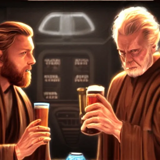 Image similar to star wars palpatine and obi wan drin beer in a sci - fi bar, movie still, screenshot, photorealistic painting, fanart, highly detailed