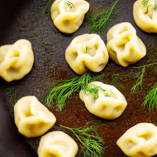 Image similar to a 5 0 mm macro shot of hot dumplings with dill, gooey, depth of field, high resolution