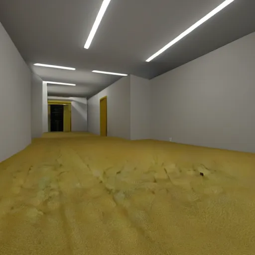 Prompt: 3 d render of jerma 9 8 5, jerma in a liminal space, non - euclidean space, endless halls of an office space, worn mono - yellow 7 0 s wallpaper, old moist carpet, inconsistently - placed fluorescent lighting, high octane, blender, 3 d render