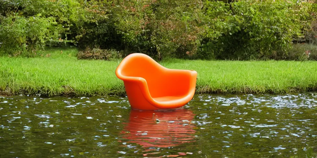 Prompt: plastic orange chair in the pond