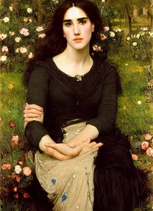 Prompt: a beautiful painting of jennifer connelly by John Everett Millais and Dante Gabriel Rossetti and John Collier and john william waterhouse, pre-raphaelite, detailed, hd