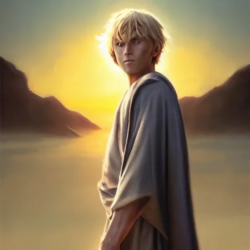 Prompt: a young blonde male jedi with short hair standing still looking at the sunset concept art by Doug Chiang cinematic, realistic painting, high definition, concept art, portait image, path tracing, serene landscape, high quality, highly detailed, 8K, soft colors, warm colors, turbulent sea, high coherence, anatomically correct, hyperrealistic, concept art, defined face, five fingers, symmetrical