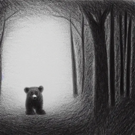 Prompt: charcoal drawing of a small bear about to enter a large hedge maze, the bear is white, illustrated by chris van allsburg, illustration, masterful, volumetric light, subdued, greyscale