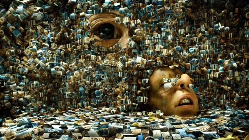 Prompt: the strange creature in a bank, made of magazines and water, film still from the movie directed by Denis Villeneuve with art direction by Salvador Dalí, wide lens