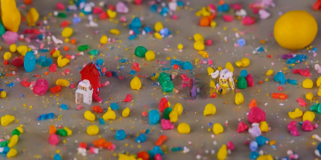 Image similar to a cinematic film still of a claymation stop motion film about a town made of lemons and candy, shallow depth of field, 8 0 mm, f 1. 8