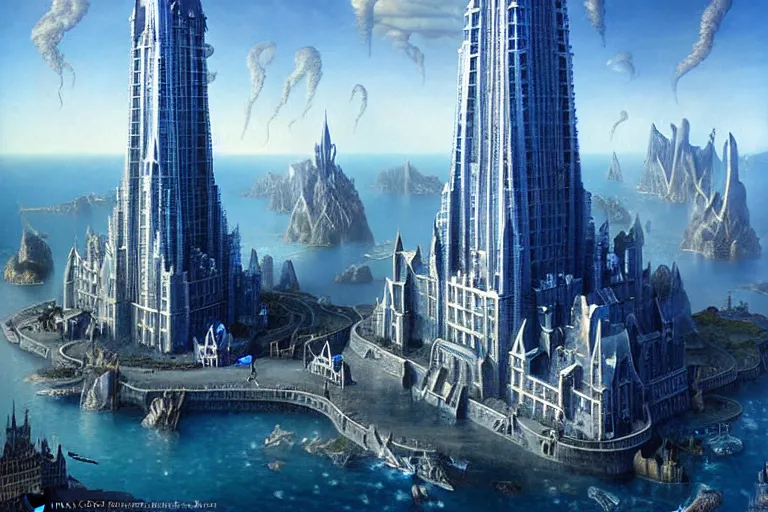 Image similar to a beautiful complex insanely detailed matte painting of the magical city of Atlantic by Heironymous Bosch and James Gurney, blue and silver towers