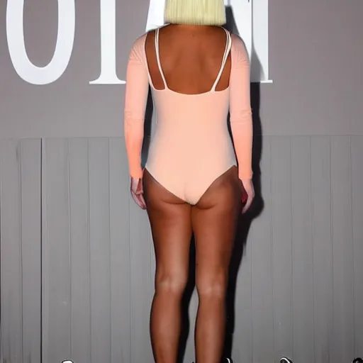 Image similar to sia furler standings with her back to the camera wearing a skin colored peach thong leotard full body artistic photoshoot pose from behind