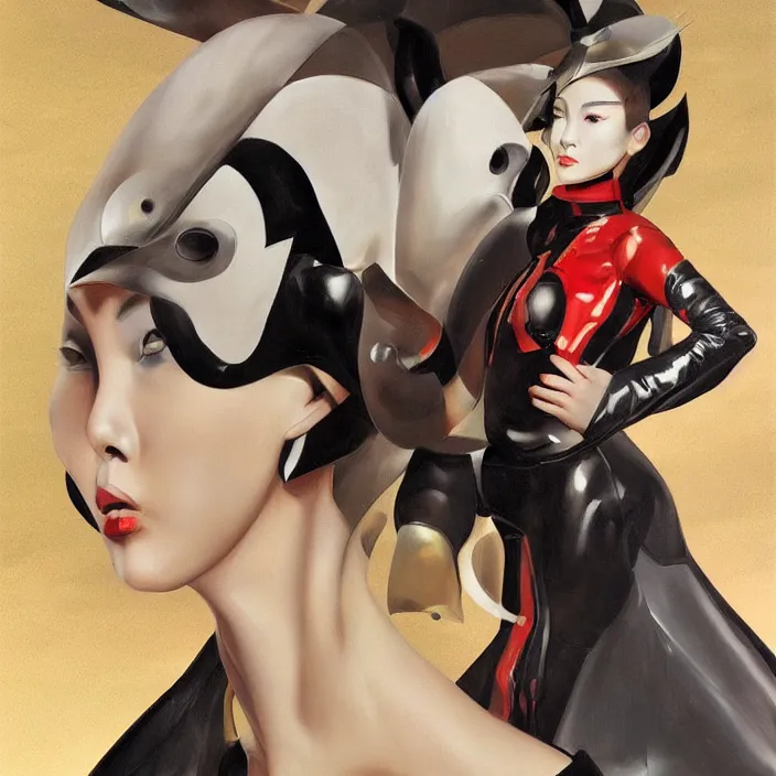 Prompt: slick and aerodynamic hypergirl of the orient, shenzhen fashion, hd, concept art, digital painting, by caravaggio, in the style of the italian futurists