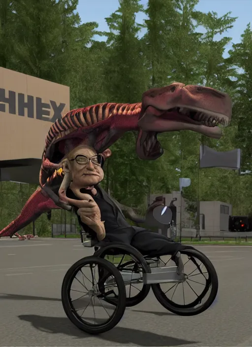 Image similar to Stephen Hawking riding on a trex in garrys mod