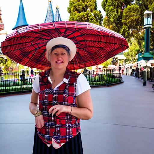 Prompt: 5 foot 4 sweet woman wearing a red plaid vest over a white short sleeve shirt, knee length dark blue skirt, black flats with black strap, braided dirty blonde shoulder length hair, white straw flat brimmed hat, under large green umbrella, at disneyland with the haunted mansion in the background, highly detailed, high definition, ultra realistic