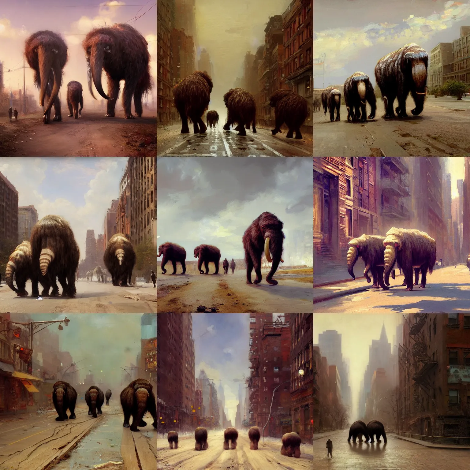 Prompt: wooly mammoths walking down abandoned manhattan street, digital art concept, artstation, highly detailed, academic painting, by ilya repin