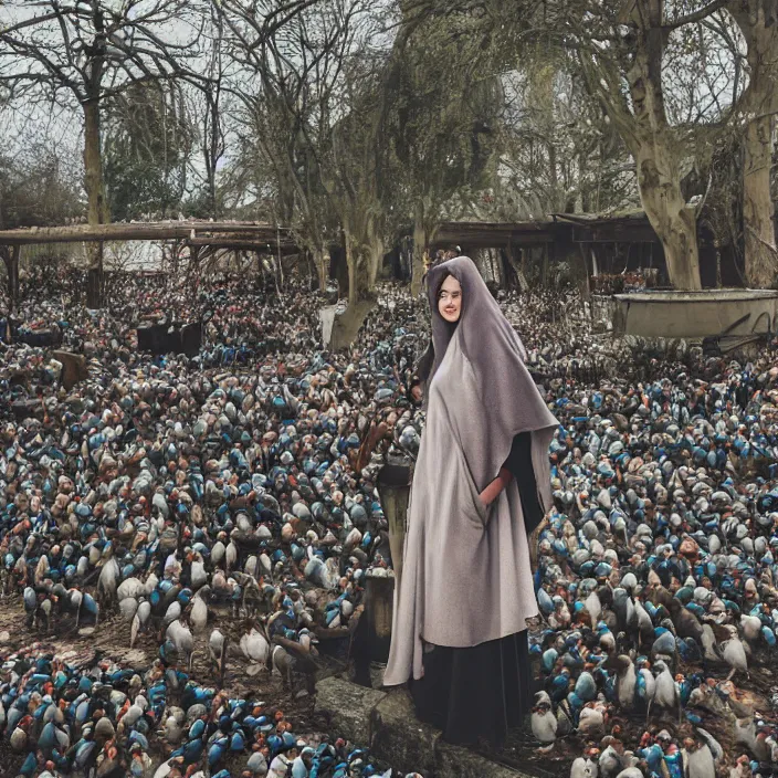 Image similar to a woman wearing a cloak made of birds, in an abandoned theme park, by omar z. robles, canon eos c 3 0 0, ƒ 1. 8, 3 5 mm, 8 k, medium - format print