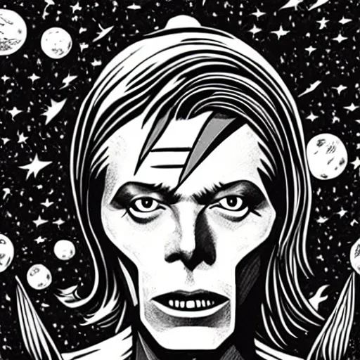 Prompt: mcbess illustration of David Bowie as a god In space , cinematic, hyper realistic, photo realistic, 4k, galaxies