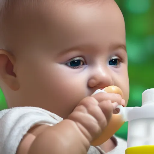 Prompt: digital art of a baby drinking milk from a baby bottle with great contentment.