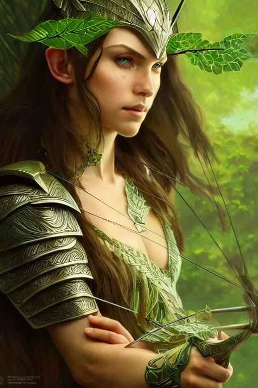 Image similar to male elven Archer armor made of green leaves, fantasy, amber eyes, face, long hair, intricate, elegant, highly detailed, digital painting, artstation, concept art, smooth, sharp focus, illustration, art by artgerm and greg rutkowski and alphonse mucha