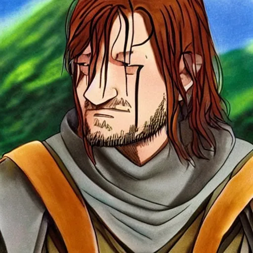 Image similar to boromir from the anime lord of the rings (1986), ginger hair, looking serious, some beard, studio ghibli, very detailed, realistic