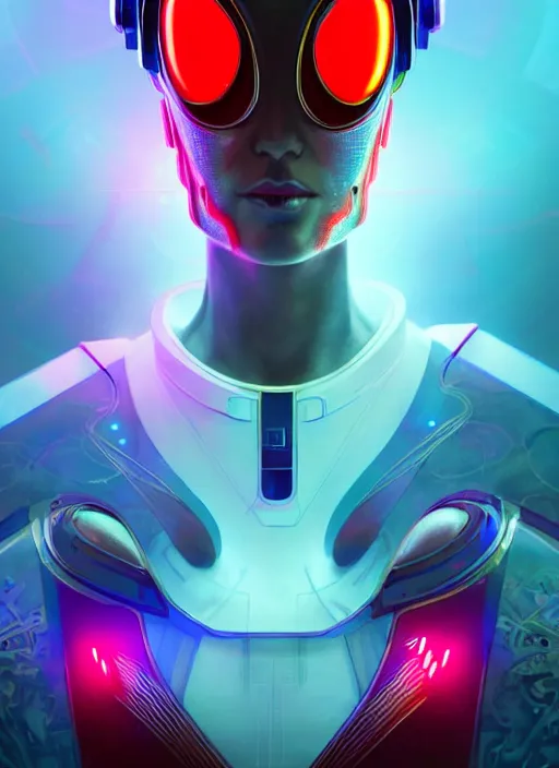 Prompt: full perspective of a futuristic cyber astronaut, sci fi, glowing aura, volumetric lights, red and cyan theme, art nouveau alien botanicals, intricate, highly detailed, digital painting, artstation, concept art, smooth, sharp focus, cinematic, illustration, beautiful face, art by artgerm and greg rutkowski and alphonse mucha