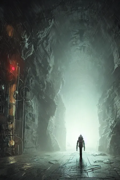 Prompt: matte painting full body portrait of a human explorer steampunk cyborg wandering the dark corridors of a wet underground dungeon in lovecraft style