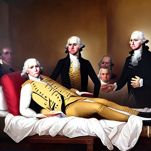 Image similar to oil painting Life of George Washington Deathbed but everyone is looking at glowing iPhones