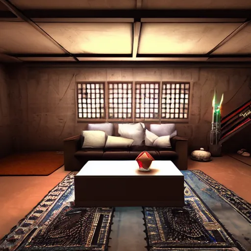 Prompt: Sci fi engine room living room, cybernetic wallpaper, thunderstrike walls, unreal engine 5 tech demo, zillow interior, cool tint, vivid colors, metallic reflective, octane render, Frank Lloyd Wright ((Studio Ghibli))