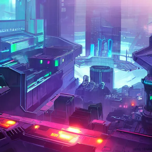 Image similar to concept art of an rpg game with a cyberpunk theme set on a space station