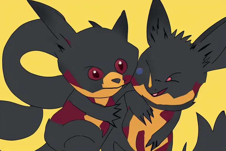 Image similar to zorua the black and maroon colored fox - like pokemon, pikachu the black and yellow electric mouse pokemon, two pokemon playing together, super detailed, clean lines, digital art