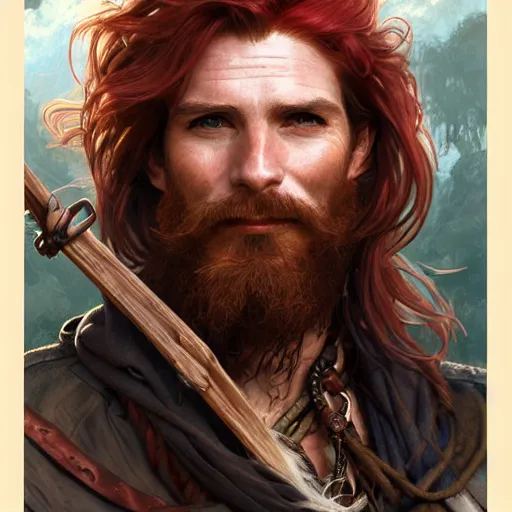 Image similar to portrait of a young ruggedly handsome but joyful pirate, male, masculine, upper body, crimson hair, long hair, d & d, fantasy, smirk, intricate, elegant, highly detailed, digital painting, artstation, concept art, matte, sharp focus, illustration, art by artgerm and greg rutkowski and alphonse mucha