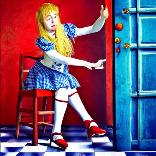 Prompt: alice in the wonderland, sitting, checkered floor, chair, blue dress, red door blonde, light by cheval michael